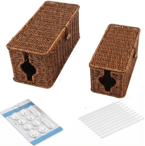 Wicker Cable Management Box, 2 Pack Large & Small Cable Organizer Box, Faux Rattan Hand-Woven Desk Organizer with 10 Cor