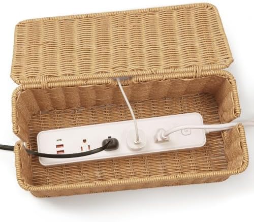 ZhiYo Rattan Cable Management Box, Brown Cord Organizer, 13.5" x 6.2" x 6"