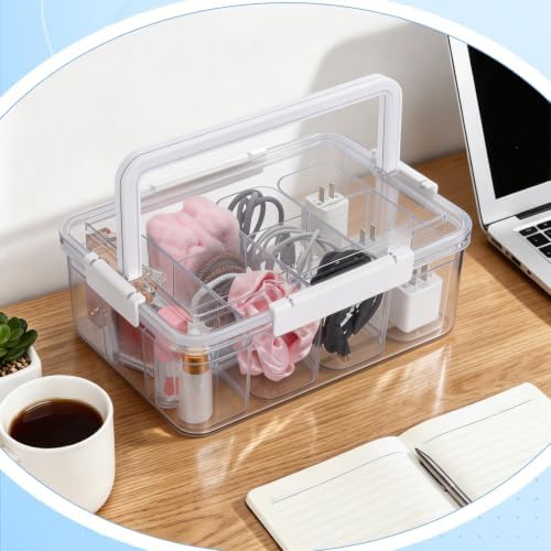 Large Cable Storage Box with Lid Clear Power Cords Organizer 4 Adjustable Dividers Case Desktop Cable Management Box for