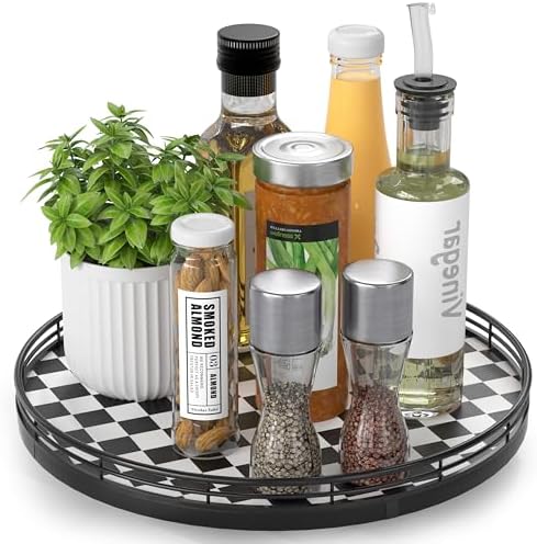 AMH 12 Inch Black and White Checkerboard Lazy Susan with Oak Wood Base