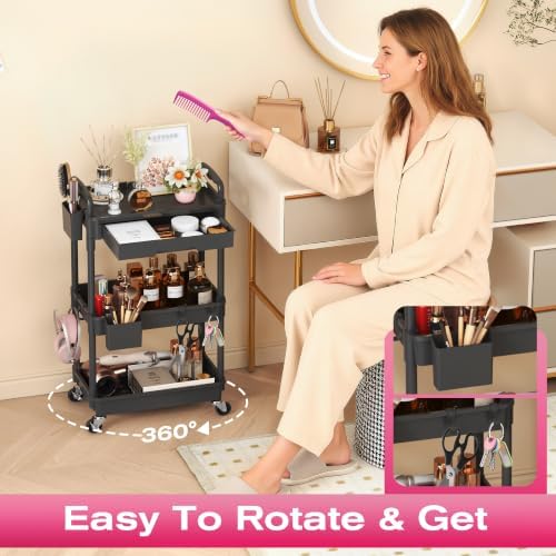 Goovilla Rolling Makeup Organizer Cart with Removable Drawer, 3 Tier Black