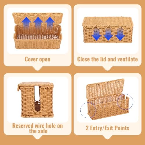Scalloped Edge Handmade Cable Management Box, Elegant Plastic Rattan Cable Organizer, 2 Open Slots Sturdy Cord Hider Box