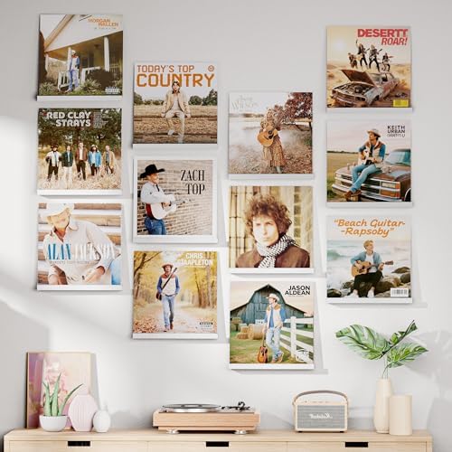 Emfogo Vinyl Record Shelf Wall Mount, 12 Pack Album Record Holder Wall, White12 inch Vinyl Record Storage Shelves Wall, 