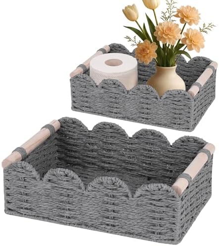 iEGrow Paper Rope Small Storage Baskets for Organizing, Set of 2 Scalloped Edge Wicker Basket with Wooden Handles Toilet Paper Basket for Over Toilet Storage Shelf, Home Decor, Living Room (Grey)