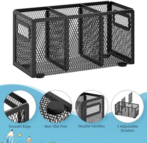 Marbrasse Mesh Pen Holder for Desk, Pencil Holder Desk Organizer 3 Adjustable Compartments, Pencil Cup with Handle Perfect for Classroom, Office, Home, Makeup, Art (Black-2P)