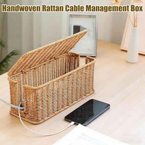 Handwoven Rattan Cable Management Box, Basket to Hide Cords, Container for Tv Wire, Computer, Router, USB Hub (Gray, M：1