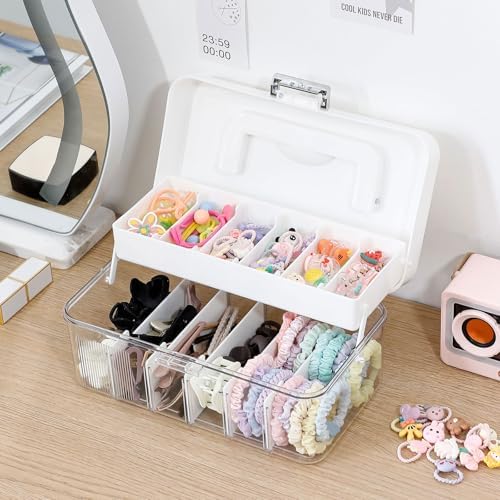 FABROK Large Hair Ties Organizer Box for Girls, With Lid, Handle, Plastic