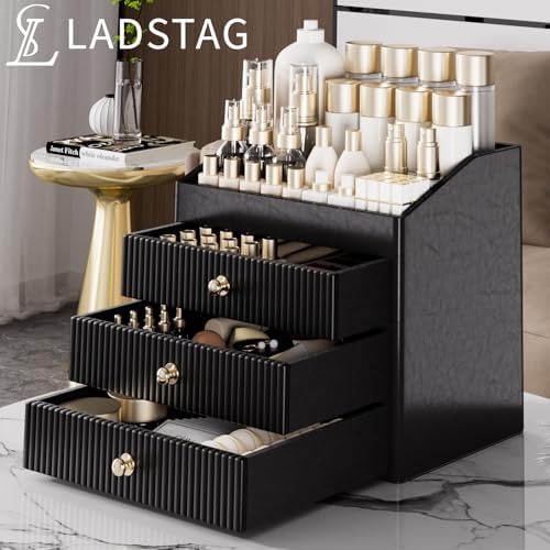 LADSTAG Cosmetic Organizer,Luxury Make up Organizer with 3 shelf Drawers,Black Large Capacity Makeup Organizers for Skin