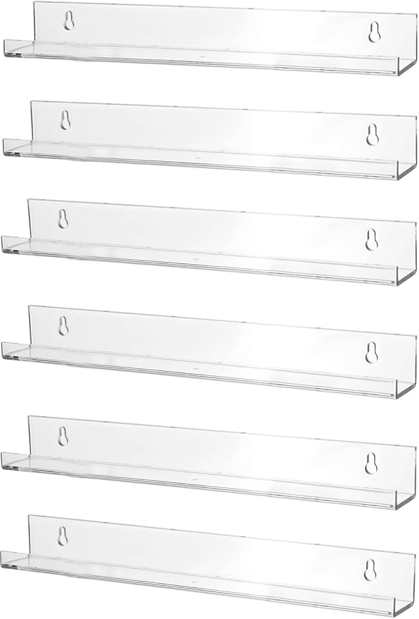 Sooyee 6 Pack Acrylic Shelves - 15 Inch Floating Bookshelf for Kids Room, Picture Ledge Shelves, Funko Pop Toy Storage - Clear