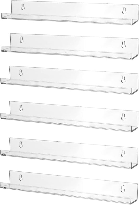 Sooyee 6 Pack Acrylic Shelves - 15 Inch Floating Bookshelf for Kids Room, Picture Ledge Shelves, Funko Pop Toy Storage - Clear