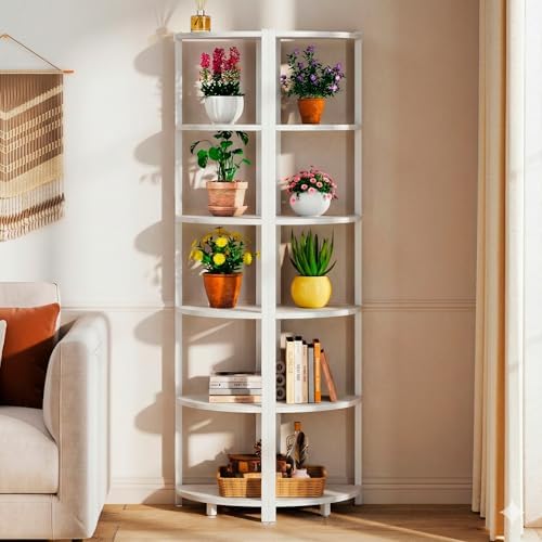 Corner Shelf with LED Lights, 6-Tier Corner Bookshelf, 66'' Organizer Book Shelf Shelves Steel Frame Display Stand with 