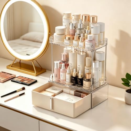 Pajiriona Makeup Organizer,Skincare Organizer for Vanity,2-Tier Large Capacity Cosmetic Storage Box for bathroom organiz