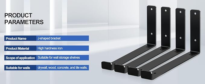 10 Pack - 11.25" L x 6" H x 1.5" W J Lip Shelf Brackets Rustic Farmhouse Iron Wall Floating Shelf Bracket Metal Shelf Bracket Industrial Shelf Supports with Screws Black