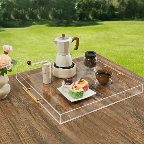 Extra Large Clear Acrylic Serving Tray (18×18 Inches) with Gold Handles Spill Proof Acrylic Over Size Big Decorative Tra