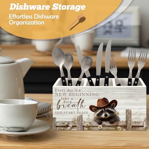 Inspirational Western Cowboy Raccoon Pen Holder Organizer for Desk Accessories, Farmhouse Daisy Floral Raccoon Affirmation Wooden Box Sign Desk Decorations for Home Office Decor