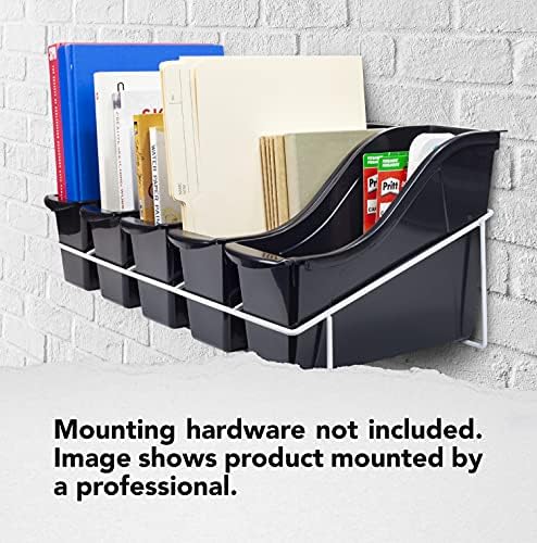 Storex Small Book Bins, Set of 5 Bins, Metal Shelf Rack Included, Black (71152U01C)