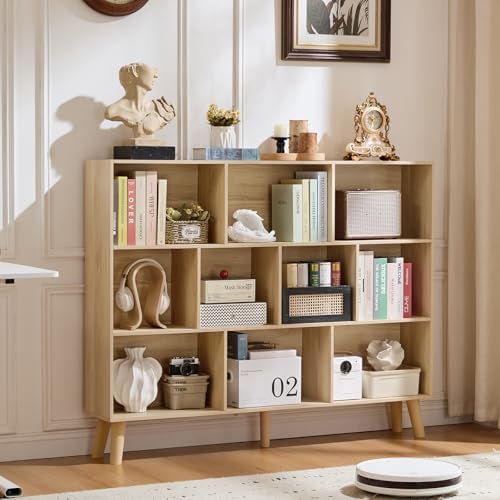 LEYAOYAO 10 Cube Bookshelf,Mid-Century Modern Bookcase with Legs,Light Wood