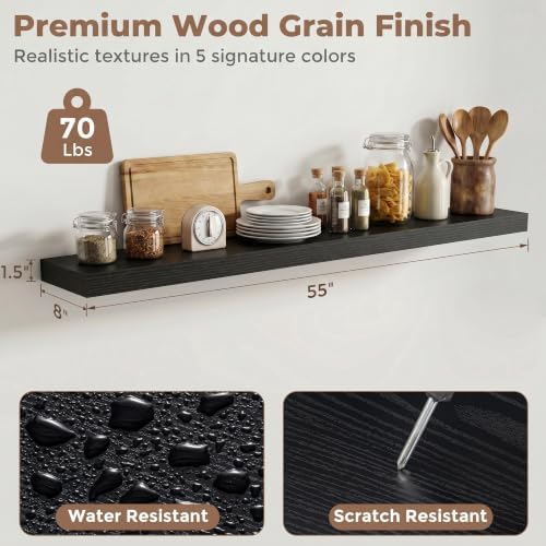 8 inch Deep Floating Shelves for Wall, 55" Wide, Black Finish, 2-Pack