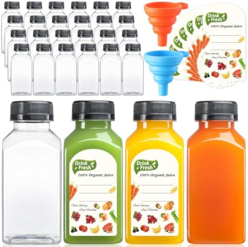 24 PACK, 8 OZ Reusable Thicker Plastic Juice Bottles with Caps, Leakproof