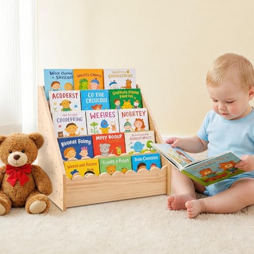 5 Tier Scalloped Bookshelf for Kids, Montessori Bookcase, Natural