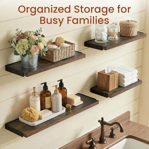 BAYKA Wall Mounted Floating Shelves (Rustic Brown, Set of 4, 16" Mixed)