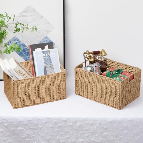Vagusicc Wicker Storage Basket, Set of 2 Hand-Woven Paper Rope Wicker Basket, Small Storage Baskets for Organizing Toile