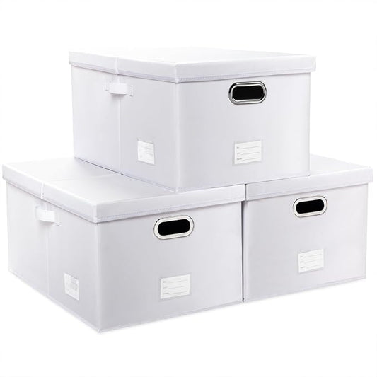 PRANDOM Collapsible Storage Box with Lid [3-Pack] Leather Fabric Foldable Storage Bin Organizer Container Basket Cube with Cover for Home Bedroom Closet Office Nursery White(22.8X15.7X11.8)