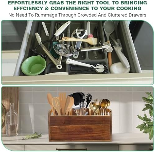 Kitchen Utensil Holder for Countertop with 3 Compartments，Acacia Wood Utensil Holder Cooking Spatula Organizer Large Cut