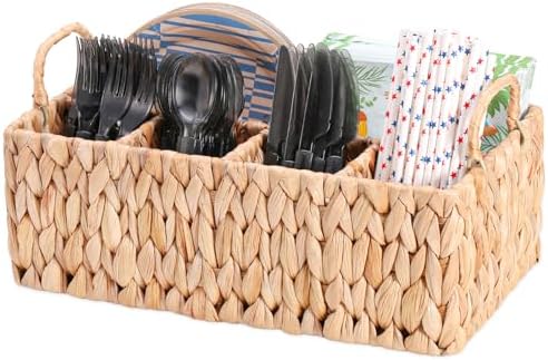 Wicker Party Silverware Caddy, Water Hyacinth Plastic Cutlery Utensil Holder, Hand Woven with Handles, Kitchen Counterto