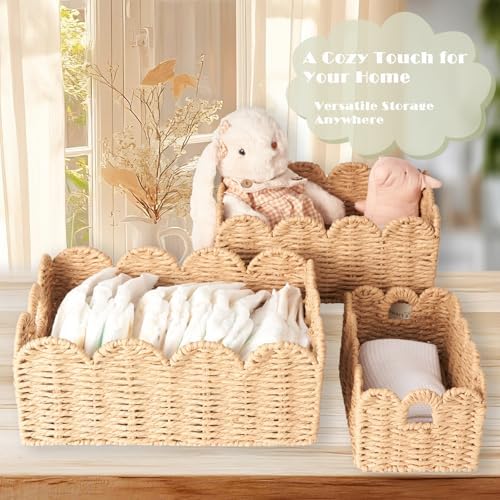 Scalloped Wicker Baskets Set of 3, Hand-Woven Storage with Handles