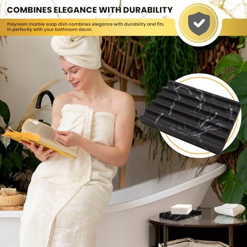 DAYONE Holder with Marble Look - Soap Dish with Soap Saver Ridges Rectangle Bar Soap Holder with Non Slip Feet - Soap Tr