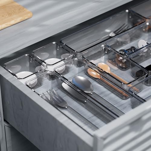 Cetomo 25 Pcs Drawer Organiser Set, Plastic Storage Drawer Organizer, Drawer Dividers, Adjustable and Expandable, Container Tray for Kitchen Utensils, Cosmetic, Makeup, Gadgets, Clear, 4 Size-25 Pack