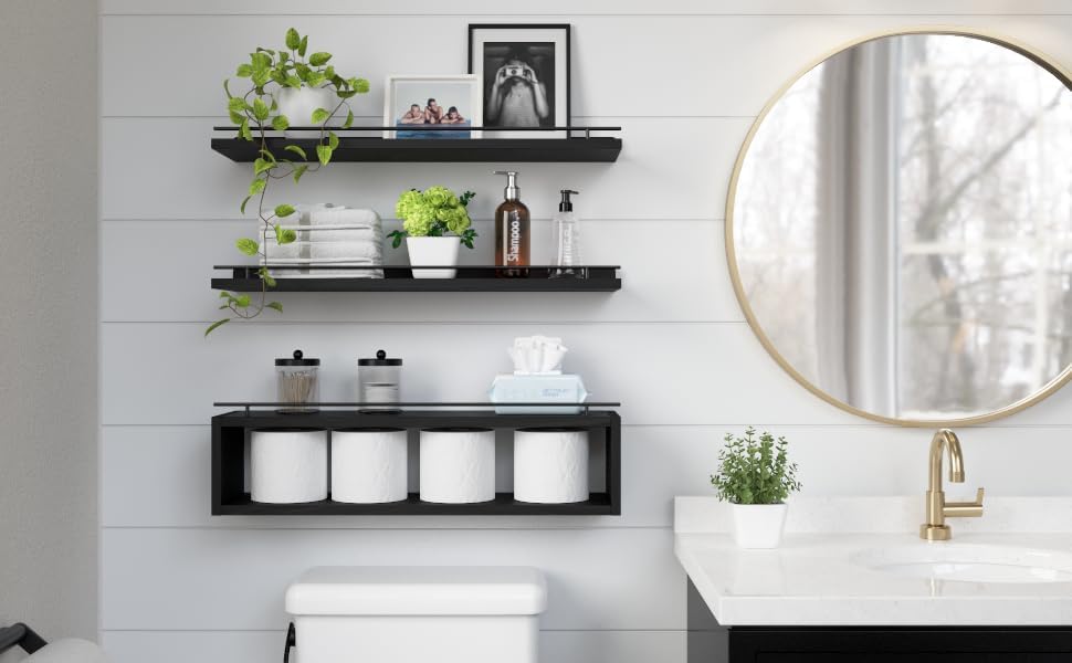 WOPITUES Floating Shelves for Wall 24 inch with Cube Shelf, Wall Shelves with Metal Rail for Decor, Bathroom Organizers 
