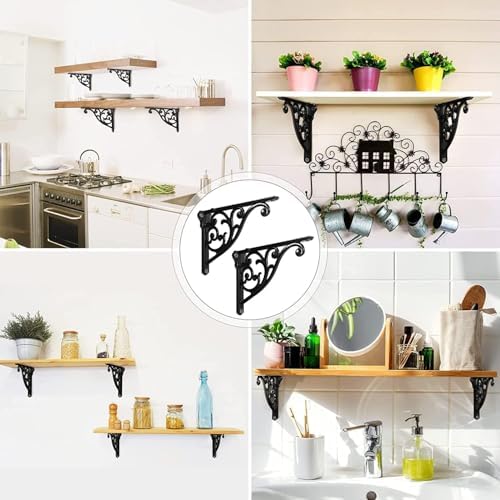 Khtumeware 2 Pack Matte Black Shelf Bracket 10 Inch, Decorative Brackets for Shelving, Heavy Duty Vintage Ornate Shelf B