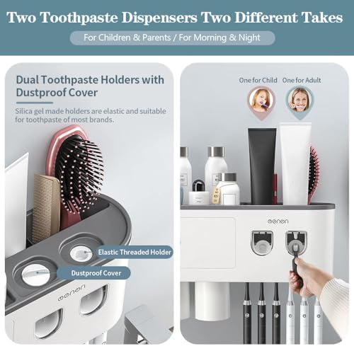 Toothbrush Holders Wall Mounted, Toothbrush Holder with Automatic Toothpaste Dispensers, 6 Brush Slots, 3 Magnetic Cups,