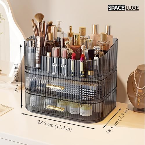 Large Makeup Organizer with Drawers, 360° Rotating Brush Holder