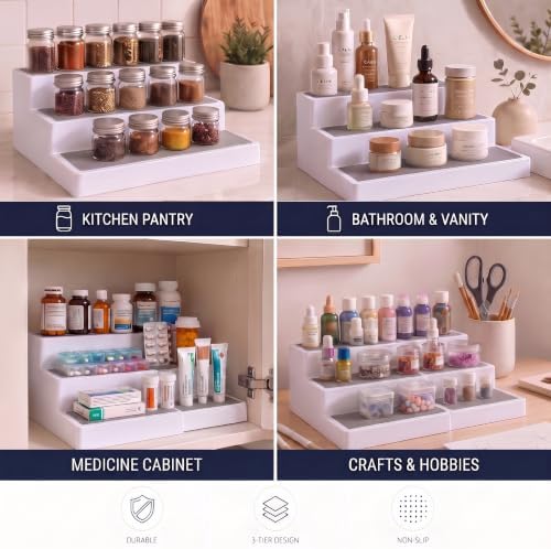 Oizeir 3-Tier Expandable Spice Rack Organizer for Cabinet, White/Grey