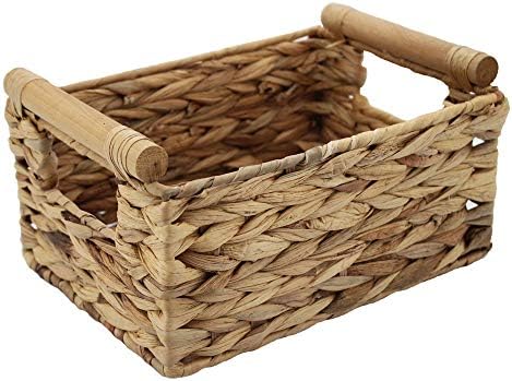 Natural Woven Water Hyacinth Storage Basket with Wood Handles, Large