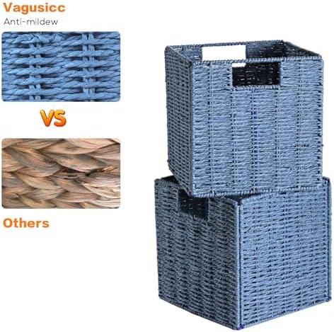 Vagusicc Wicker Storage Basket, Set of 2 Hand-Woven Storage Baskets for Shelves with Handles, Foldable Cube Storage Bask