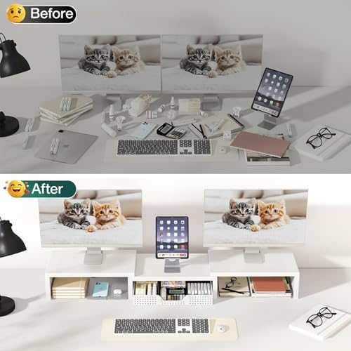OPNICE Dual Computer Monitor Stand Riser, Desk Organizer with Drawer, Office Desk Accessories & Workspace Organizers for
