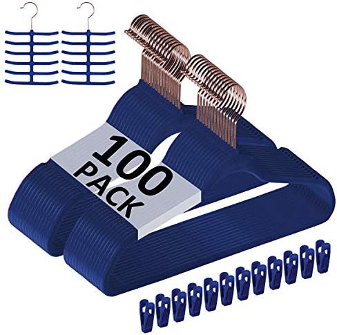 VECELO Premium Velvet Clothes Hangers Suit Heavy Duty (100 Pack)-Non Slip & Space-Saving with 12 Finger Clips & 2Tie Rack Excellent for Men and Women,Blue