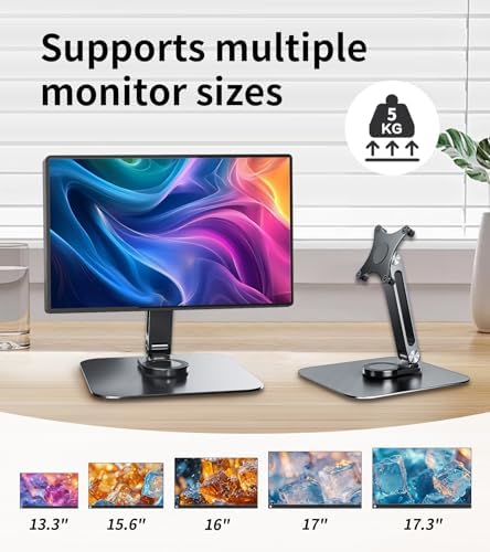 13-17.3" Monitor Stand with 360° Swivel Base, 75mm VESA Single-Arm Mount w/ M4 Screws for Portable Monitor, Adjustable A