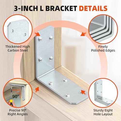 3x3 Inch Angle Bracket for Wood, Galvanized L Bracket, 16 PCS