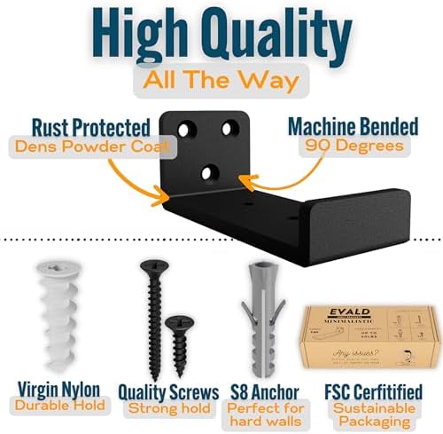 EVALD Floating Shelf Brackets w/ Lip | Hidden Black Carbon Steel Brackets for 4-inch Board (3 5/9" True Size) Kitchen, N
