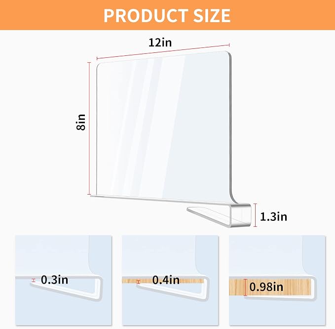 Acrylic Shelf Dividers for Closet Organization, Clear Closet Shelf Separators for Wooden Shelving, Adjustable Acrylic Bookshelf Organizers for Kitchen Cabinets and Bedroom (8PCS)