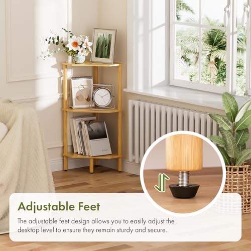 3 Tier Bamboo Corner Shelf, Storage Stand with Adjustable Feet, Small Spaces Corner Bookshelf, Plant Stand, Space-Saving