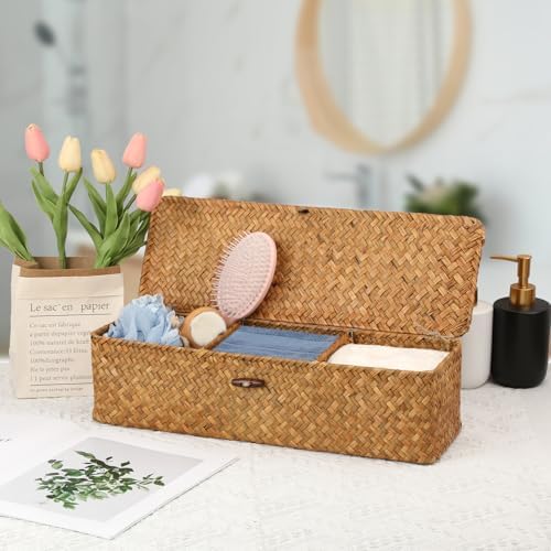 Hipiwe Handwoven Wicker Basket Box Rectangular Wardrobe Home Organizer with Lid 3 Sections Toilet Paper Holder Home Orga