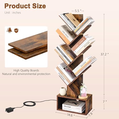 Hoctieon 6 Tier Tree Bookshelf, Tall Bookcase, Freestanding Book Shelf with LED Lights, Display Floor Standing Storage S
