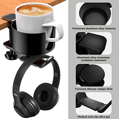 OOKUU 2 in 1 Desk Cup Holder with Headphone Hanger, Anti-Spill Cup Holder for Desk or Table, Easy to Install, Sturdy and Durable, Enough to Hold Coffee Mups, Water Bottles, Headphones