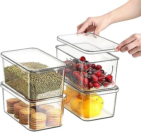 Clear Storage Bins With Lids,4 Packs Food Storage Organizer,Stackable Kitchen Cabinet,Bathroom Basket,Fridge Organizatio